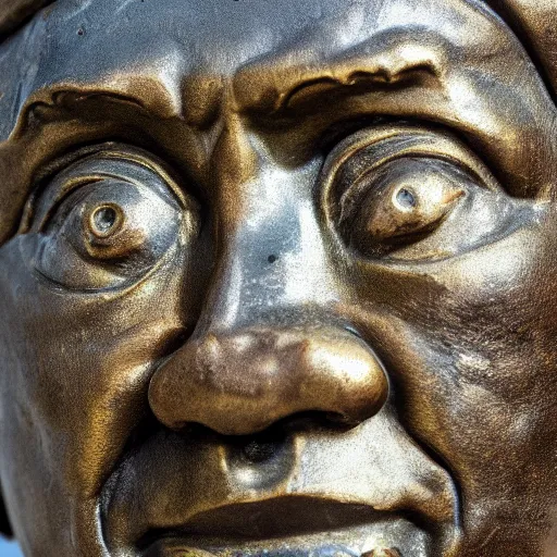 Image similar to close up shot of an old bronze patina statue of takeshi kitano in a museum