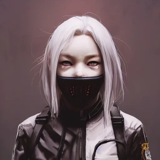 Image similar to very cool girl white hair girl with mask, streetwear, techwear, cyberpunk style outfit, full body, nose piercing, detailed portrait, intricate complexity, by greg rutkowski, cushart krentz, artgerm, ross tran, conrad roset, takato yomamoto, ilya kuvshinov. 4 k, beautiful, cinematic dramatic atmosphere