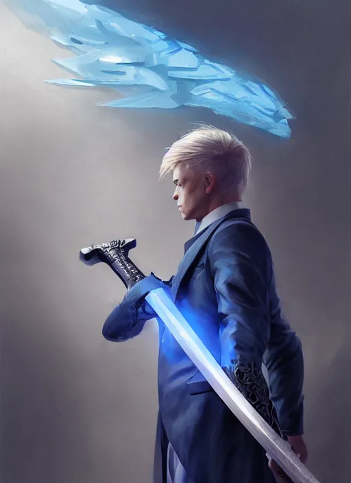Prompt: side profile of a man with blonde hair in a blue suit wielding a large sword and a gun in a holster, fantasy, digital painting, volumetric light, intricate, sharp, focus, bloom, illustration, highly detailed, concept art, matte, ruan jia, randy vargas, greg rutkowski