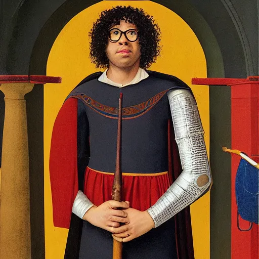 Image similar to portrait of Richard Ayoade as a medieval Byzantine exarch, by Angus McBride, Gentile Bellini, Piero della Francesca, and Annie Leibovitz. HD face portrait.