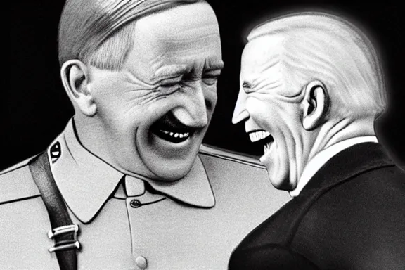 Image similar to “ very very intricate photorealistic photo of hitler and joe biden laughing together, detailed natural lighting, award - winning crisp details ”