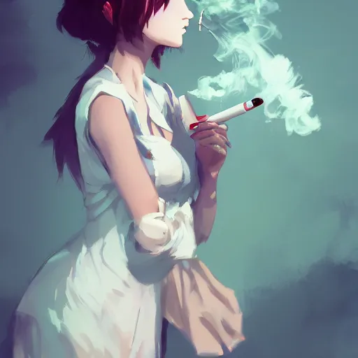 Image similar to woman in a dress smoking a cigarette by krenz cushart, wlop, dark room, white smoke, chromatic aberration, white smoke, trending on ArtStation Pixiv