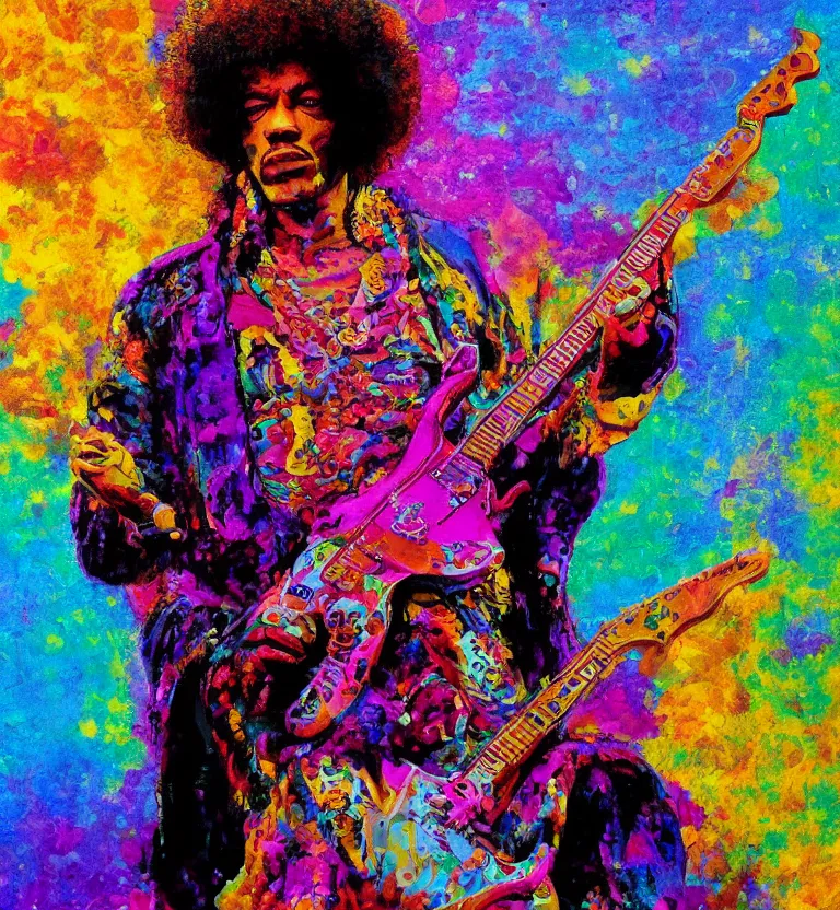 Image similar to jimi hendrix full body, colourful afrofuturist biomorphic scifi opart in background, 8 k