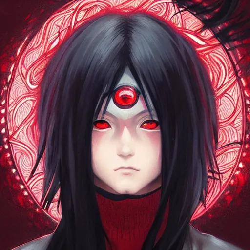 Image similar to itachi uchiha, red glowing eyes, intricate, elegant, highly detailed, digital painting, artstation, concept art, smooth, sharp focus, illustration, art by artgerm and greg rutkowski and alphonse mucha