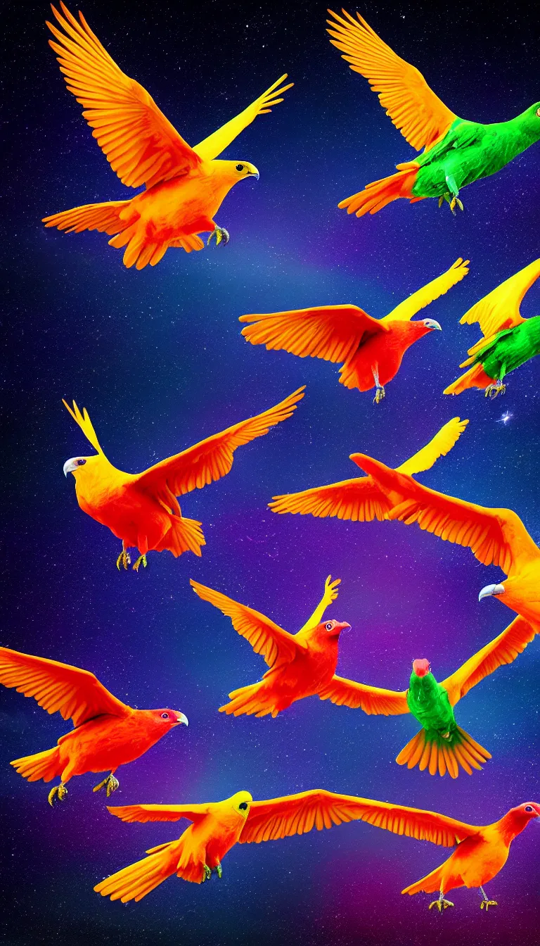 Image similar to highly detailed photo of three big colorful birds flying in the dark space, all birds head and eye are visible, hyper realistic, concept art, 8 k detail post - processing
