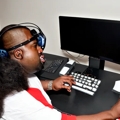 Image similar to obese Kanye West wearing a headset yelling at his monitor while playing WoW highly detailed wide angle lens 10:9 aspect ration award winning photography