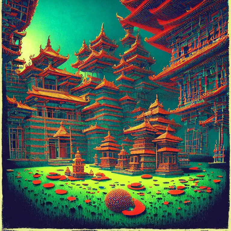Prompt: surreal glimpse into other universe, temple by akdonchampi, summer morning, very coherent and colorful high contrast, art by!!!! gediminas pranckevicius!!!!, geof darrow, floralpunk screen printing woodblock, dark shadows, hard lighting, stipple brush technique,