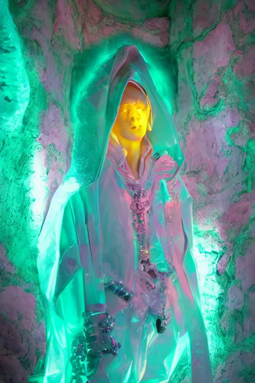 Prompt: photo of fullbody rococo and cyberpunk delicate neon crystalline sculpture of handsome muscular onyx albino marble prince nick jonas as an mint iridescent humanoid deity wearing pink plastic hooded cloak holding an onyx skull in a onyx space dungeon, reclining, glowing yellow face, crown of white diamonds, cinematic lighting, photorealistic, octane render, 8 k, depth of field, 3 d