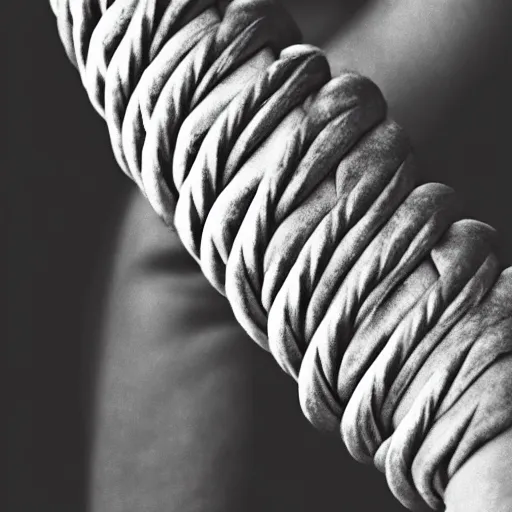 Prompt: a thick braided human arm made of interwoven human arms holding each other tightly in a tight weave with visible perfect fingers very cinematic hyperreal