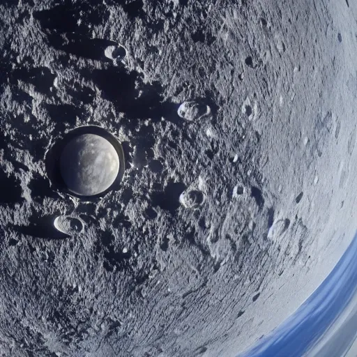 Prompt: a fisheye photo of the moon crashing into the earth, shot from a satellite high in orbit