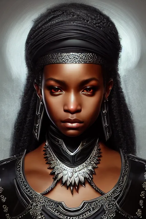 Prompt: beautiful black skinned fantasy warrior, ornamented armor :: detailed portrait, intricate complexity :: artgerm and ilya kuvshinov, quixel megascan