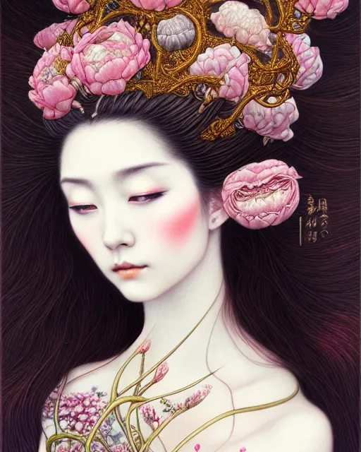 Prompt: portrait of a beautiful floral goddess, sweet, graceful, esoteric, muted colors, head in focus, fantasy art, ornamental aesthetics, intricate, elegant, highly detailed, hyperrealistic painting, artstation, concept art, painterly, sharp focus, illustration, art by chie yoshii