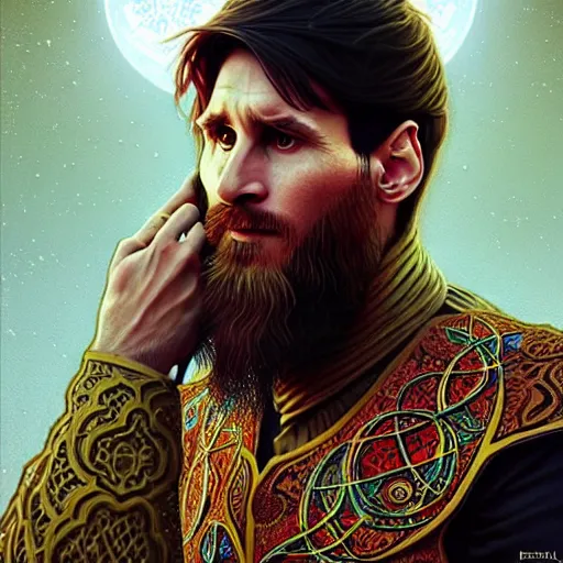 Image similar to lionel messi wearing islamic clothes, doing sujood, d & d, fantasy, intricate, elegant, highly detailed, digital painting, artstation, concept art, matte, sharp focus, illustration, art by artgerm and greg rutkowski and alphonse mucha