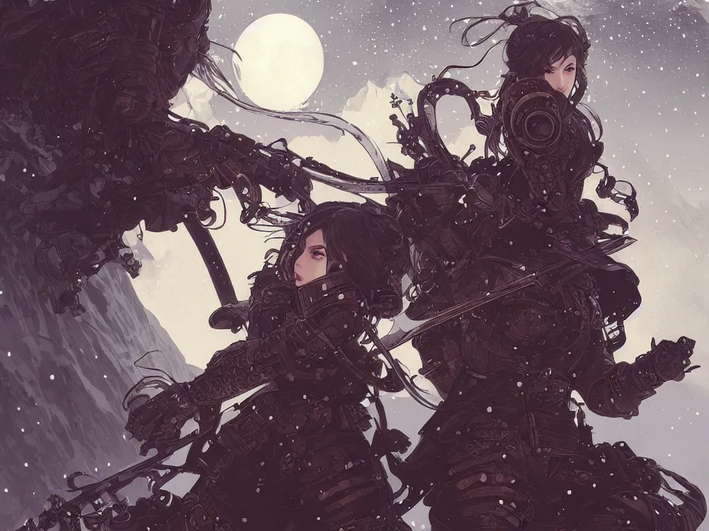 Image similar to portrait ninja gaiden girl, armored dieselpunk wardrobe, at snowy fuji mountain moonlight, ssci - fi and fantasy, intricate and very beautiful and elegant, highly detailed, digital painting, artstation, concept art, smooth and sharp focus, illustration, ( ( art by tian zi and wlop and alphonse mucha ) )