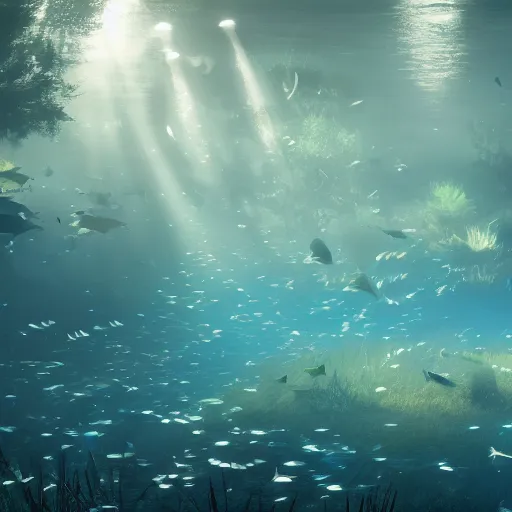 Image similar to school of fish swimming in the dreamy forest under water ,magical effect,cgsociety, 8k,hyperdetailed, artstation