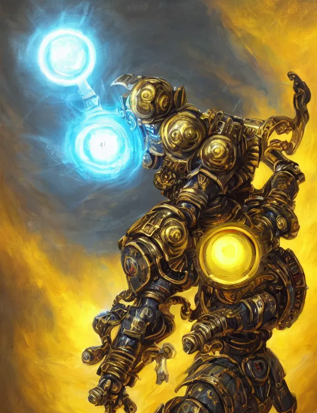 Prompt: full body, attack position abstract painting in lush fantasy environment of a ornate holy mechanical warforged with circular glowing eye, character in yellow armor holding a legendary paladin engraved holy great longsword and carrying a huge heavy paladin shield, vertically flat head, face in focus, epic , trending on ArtStation, masterpiece, cinematic lighting, by Delphin Enjolras, by Ruan Jia, by Greg Rutkowski, by Ross Tran