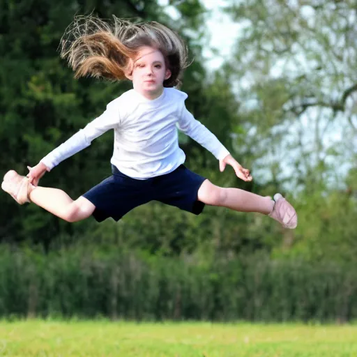 Prompt: a white boy with long brown hair in a pony tail, green eyes, jumping.