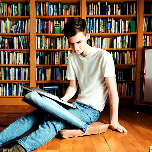 Image similar to a skinny computer nerd guy sitting on the floor of his room, crossed legs, laptop, smartphone, video games, tv, books, potions, jars, shelves, knick knacks, tranquil, calm, sparkles in the air, magic aesthetic, faded effect, photograph, kodak film, realism