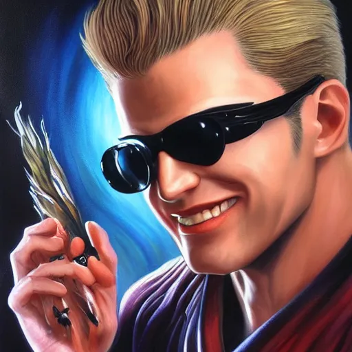 Prompt: a masterpiece oil painting of Albert Wesker smiling, with black tendrils of Uroborous swirling, featured on ArtGerm