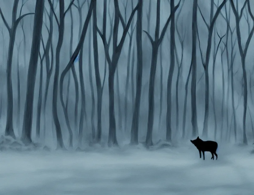 Prompt: supernatural animal spirit in the winter woods. limited palette, western 2 d animation from the 2 0 1 0 s, backlighting, bold composition, depth of field.