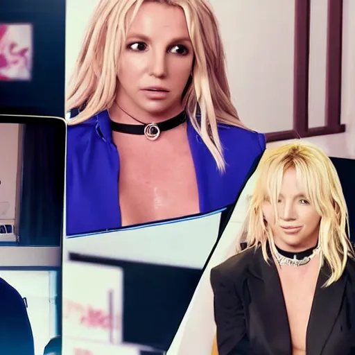 Image similar to cinematic still of britney spears in the office costarring with the kpop group bts