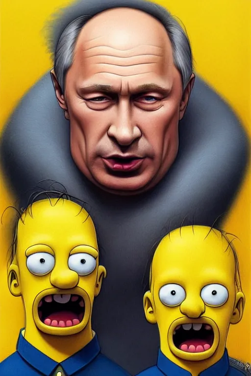 Image similar to vladimir putin as a yellow funny character from the simpsons, realistic portrait, symmetrical, highly detailed, digital painting, artstation, concept art, smooth, sharp focus, illustration, cinematic lighting, art by artgerm and greg rutkowski and alphonse mucha