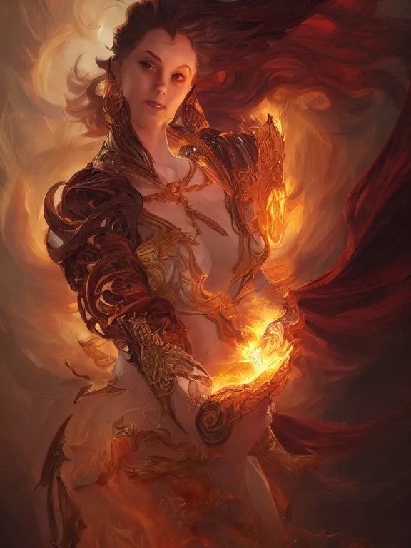 Prompt: powerful summoner with a fire elemental, fantasy, man, intricate, elegant, highly detailed, digital painting, artstation, concept art, wallpaper, smooth, sharp focus, illustration, art by artgerm and greg rutkowski and alphonse mucha