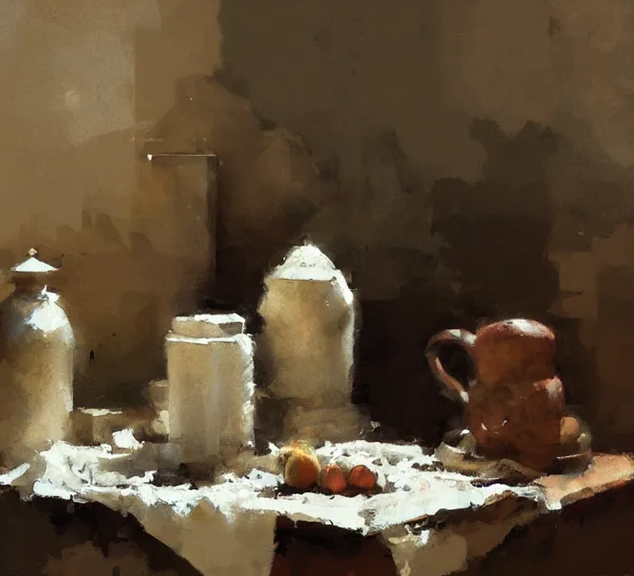 Prompt: a beautiful still life painting by Craig Mullins