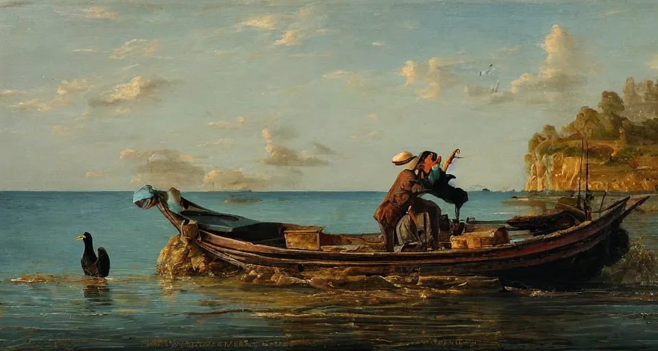 Image similar to painting of a fisherman and a cormorant on a fishing boat in romantic style, sfumato