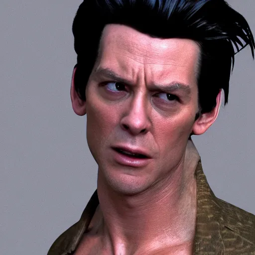 Image similar to hyperrealistic film still of ace ventura as neo in the matrix, stunning 3 d render, inspired by istvan sandorfi & greg rutkowski & unreal engine, perfect symmetry, dim volumetric cinematic lighting, 8 k octane comprehensive render, extremely hyper - detailed, incredibly lifelike attributes, intricate, real flesh texture, masterpiece, artstation, stunning,