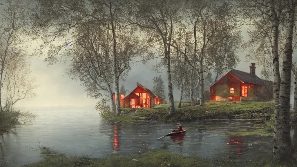 Image similar to small red wooden cottage by the lake, lanterns in the front of the cottage, smoke coming out of the chimney, dusk, birch trees, tranquility, two swans swimming in the lake, a rowing boat, by Greg Rutkowski, by Charlie Bowater