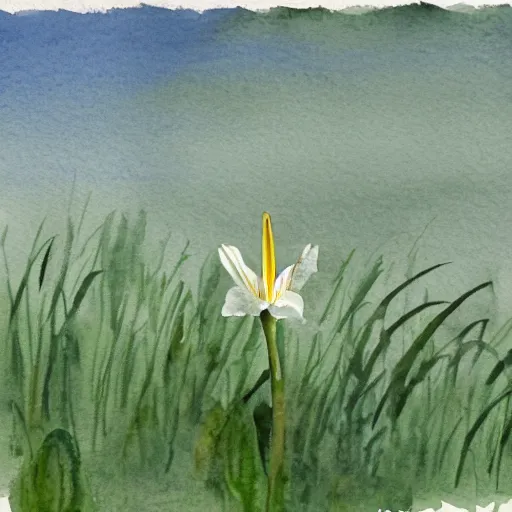 Image similar to a lone lily growing in a field of mud, realistic watercolour