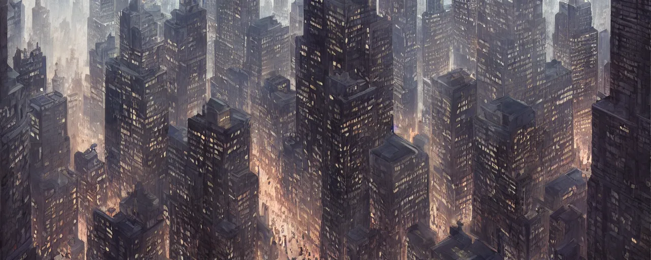 Image similar to concept art of new york city center. aerial. architecture. cinematic lighting. photorealistic. trending on artstation. cgsociety. art by greg rutkowski and william o'connor