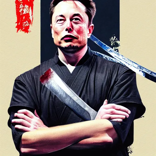 Image similar to a painting of elon musk in samurai armor and holding a katana in his hands, 4 k, hyper realistic, dslr, high resolution, landscape, beautiful