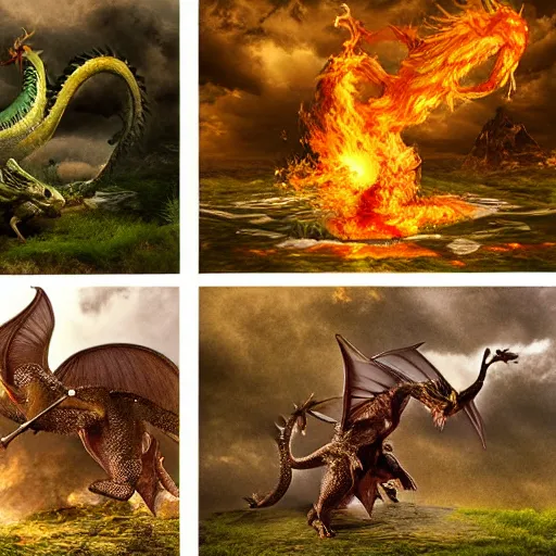 Image similar to realistic fantasy photography, the four dragons of the four elements, detailed and intricate