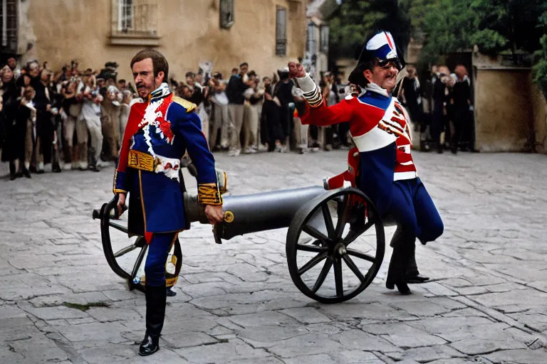 Image similar to portrait of emmanuel macron dressed as napoleon dragging a cannon in the street, natural light, sharp, detailed face, magazine, press, photo, steve mccurry, david lazar, canon, nikon, focus