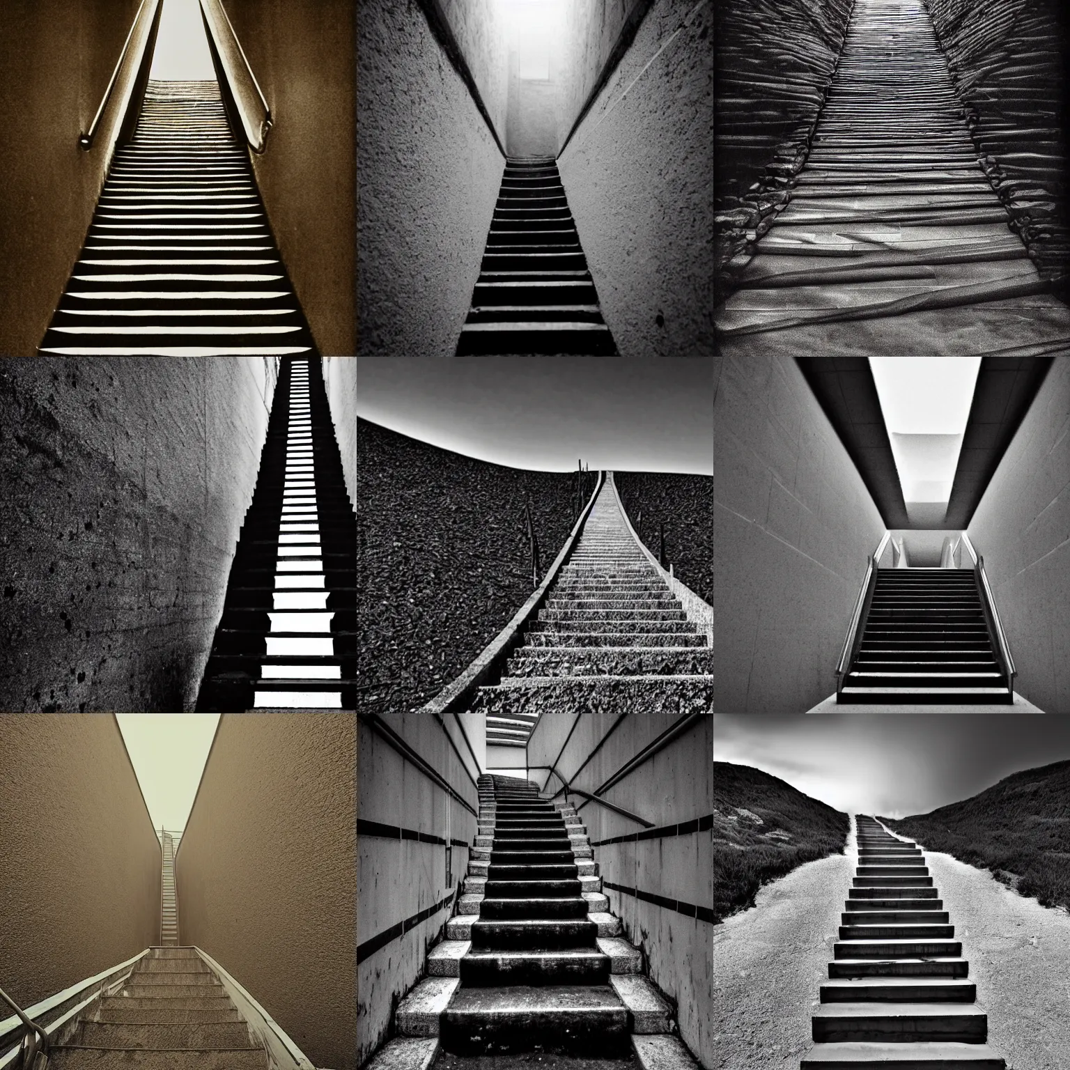 Prompt: endless stairway to nowhere, dark, unsettling