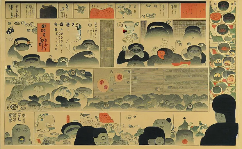 Image similar to business dashboard with time series charts, pie plots and other modern graphics, with small creatures with many eyes. diego rivera ( with slight ukiyo - e influence ). ravi supa.