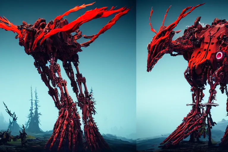 Prompt: a hyper detailed red fanghorn evangelion realistic mechanical and organic creature similar look as horizon forbidden west horizon zero dawn, bioluminiscence in a dark deep forest at dawn in spring, with reflection and textures, by kilian eng, substance painter reaslitic mech surface metal painted scratches,