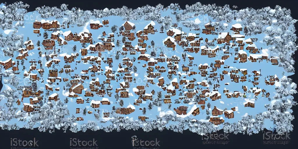 Image similar to a high detailed winter snow ice fantasy bandit camp vector art an aerial view of a cartoonish rpg village by dungeondraft, dofus, patreon content, hd, straight lines, vector, grid, dnd map, map patreon, fantasy maps, foundry vtt, fantasy grounds, aerial view, dungeondraft, tabletop, inkarnate, dugeondraft, roll 2 0
