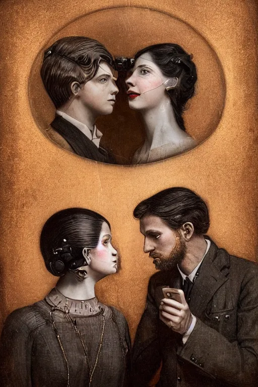 Image similar to a beautiful ultradetailed vintage photo of two cyborgs facing away from each other looking at their cellphones, by tom bagshaw and anna dittman, couples portrait, vignette, 3 5 mm lens, golden ratio composition, detailed faces, studio photography, very detailed, humanoids, industrial robots, artstation, 8 k, highly coherent