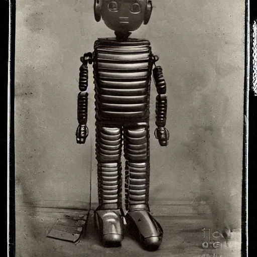 Prompt: humanoid robot, advanced humanoid robots, sleek robot, in log cabin living room, tintype photograph, daguerrotype, 1 8 7 0 s photograph