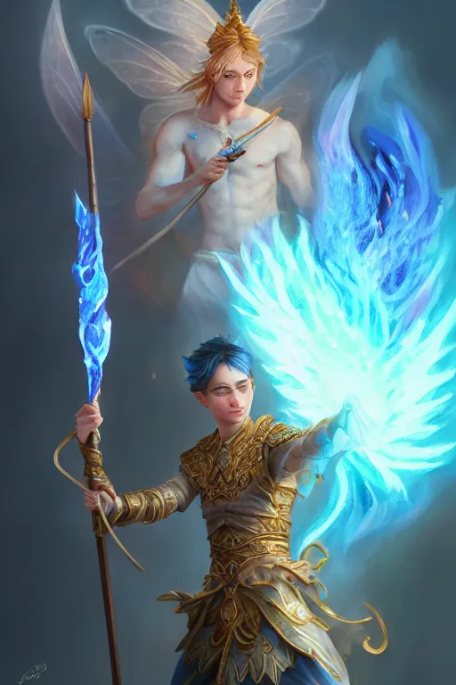 Image similar to legendary fairy prince hold flame staff, blue energy, highly detailed, d & d, fantasy, highly detailed, digital painting, trending on artstation, concept art, sharp focus, illustration, global illumination, ray tracing, realistic shaded, art by artgerm and greg rutkowski and fuji choko and viktoria gavrilenko and hoang lap