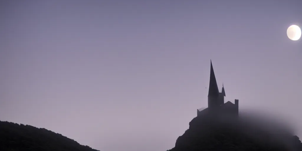 Image similar to a tall pointy castle atop a steep mountain, fog engulfs the ground below and a big glowing crescent moon lingers above