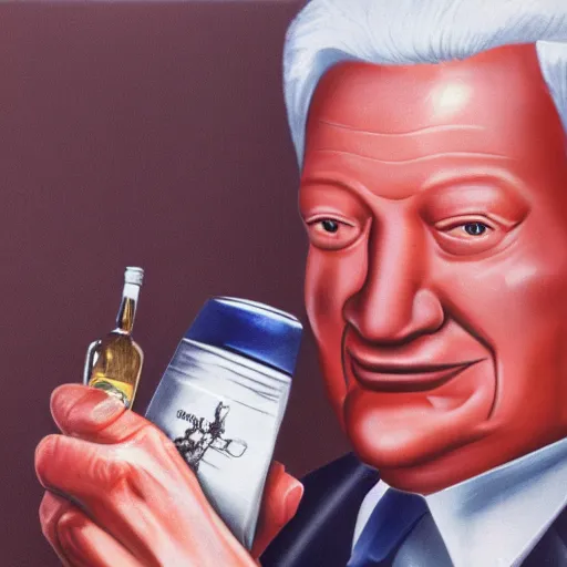 Prompt: yeltsin with red eyes holding a bottle of vodka, creepy realistic art in color