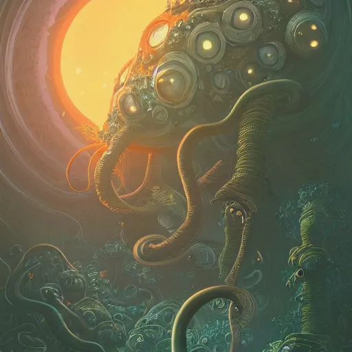 Image similar to highly detailed illustration of a nausicaa alien cephalopod in a world overgrown with fungus and spores, diffuse lighting, fog, stunning atmosphere, religious imagery, huge gargantuan black sun, muted colors, by kilian eng and james jean