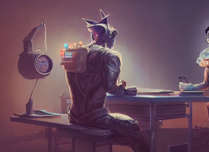 Image similar to an insanely detailed painting of an asian man wearing a homemade superhero costume, sitting at a desk, staring seriously at the computer and typing, in the style of peter mohrbacher, james jean, dramatic lighting and composition, surreal background, octane render, pixar, trending on artstation, concept art, comic book, view from behind, 8 k