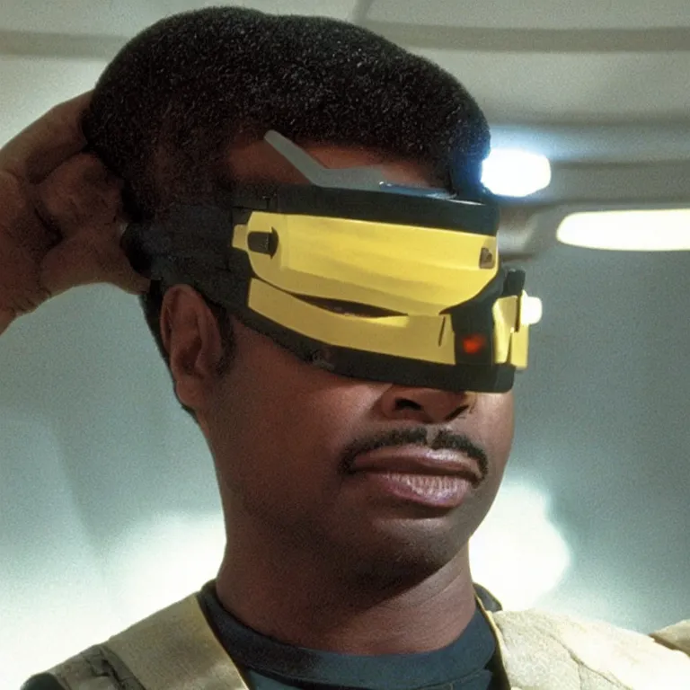 Image similar to geordi laforge super cool futuristic visor on his head, levar burton