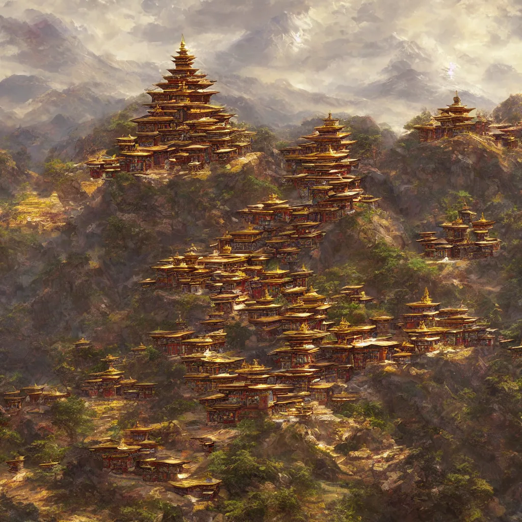 Prompt: artstation concept of bhutan heavenly kingdom, bright colorful, hyperdetailed, artstation trending, world renowned artists, worth1000.com, historic artworks society, antique renewel, cgsociety, by greg rutkowski, by Gustave Dore, Deviantart