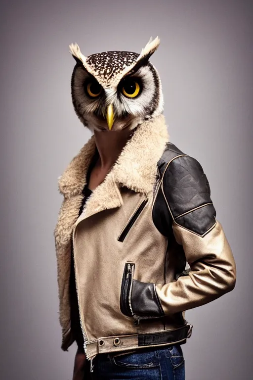 Prompt: front of owl wearing biker jacket, portrait photo, full body, backlit, studio photo, golden ratio